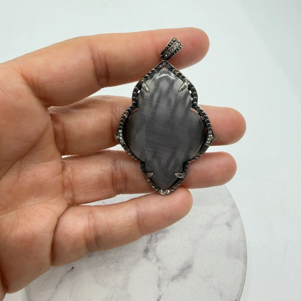 Gray Cat Eye Glass Cabochon Silver Tone Rhinestone Gothic Pendant Statement